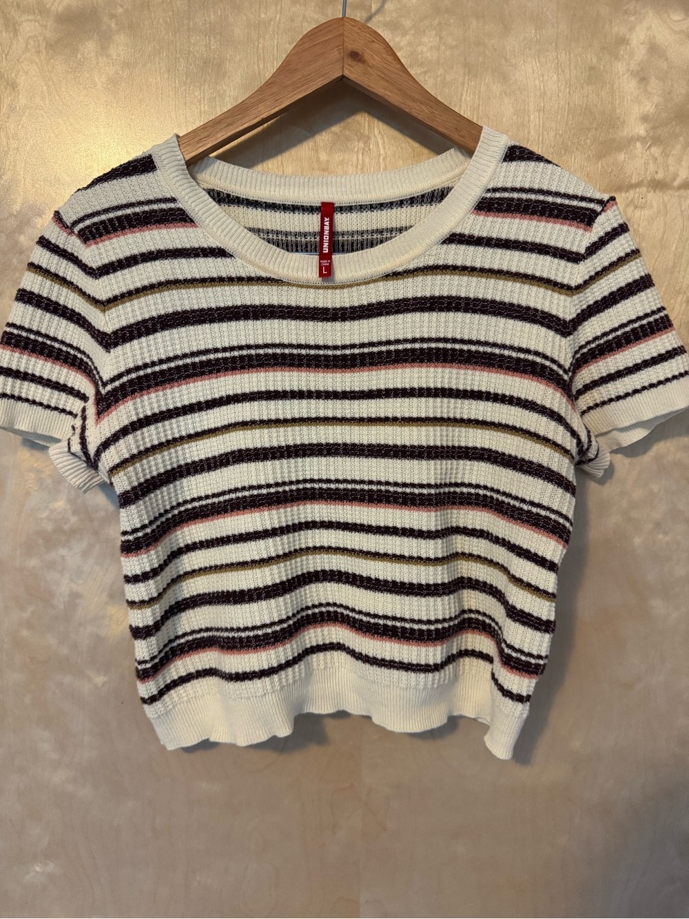 UNIONBAY Cream Ribbed Cropped sweater T with burgundy stripes